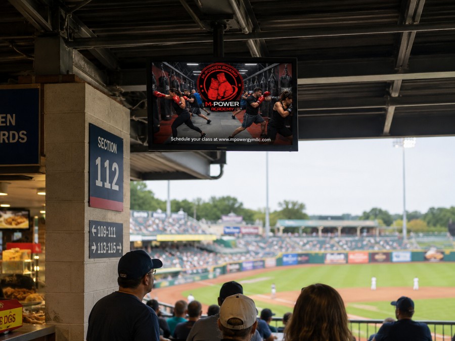 Digital advertising display at a ballpark reaching fans in high-traffic seating areas