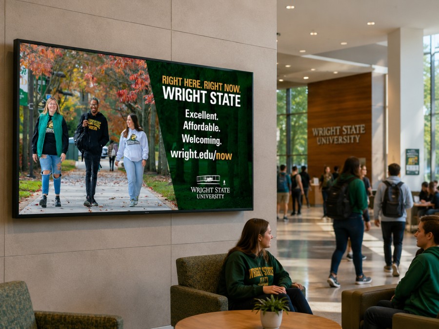 Digital display on a university campus showing event and informational content